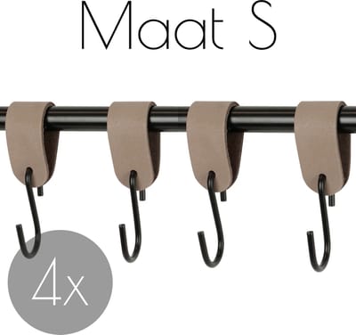 4x S-haak hangers - Handles and more® | TAUPE - maat S (Leren S-haken - S haken - handdoekkaakje - kapstokhaak - ophanghaken)