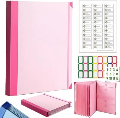 KZQ Stijlvolle documentenorganizer met labels - Accordeonmap voor belangrijke papieren certificaten pasfoto's en brieven - Perfect voor thuis kantoor en studenten - Roze