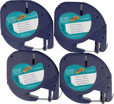 Dappaz - 4 stuks Dymo Compatible LetraTag 91200 Label tape Zwart op Wit Papier 12 mm x 4 m - Geschikt voor LetraTag Labelprinter - S0721510