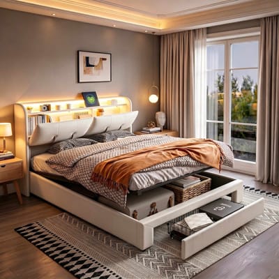 Opbergbed 160x200 cm beige fluweel met LED-hoofdbord, USB-oplaadpoort en hydraulische opbergruimte, modern gestoffeerd tweepersoonsbed