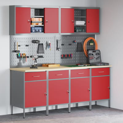 vidaXL - Werk - Cabinet - met - lade - 10 - st - Rood - Engineered - hout - en - staal