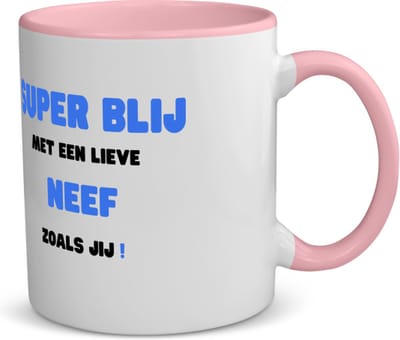 Akyol - super blij met een lieve neef zoals jij koffiemok - theemok - roze - Neef - de liefste neef - verjaardag - cadeautje voor neef - neef artikelen - kado - geschenk - 350 ML inhoud