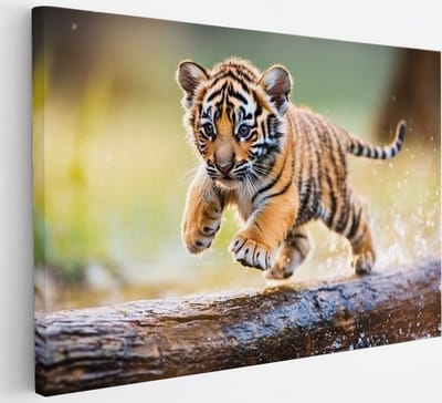 Saammp Canvas Schilderij - Tijger welp op boom - Natuur - Dieren - 30x20 - Foto op canvas - Wanddecoratie - muurdecoratie Woonkamer - Slaapkamer decoratie - Canvas Print