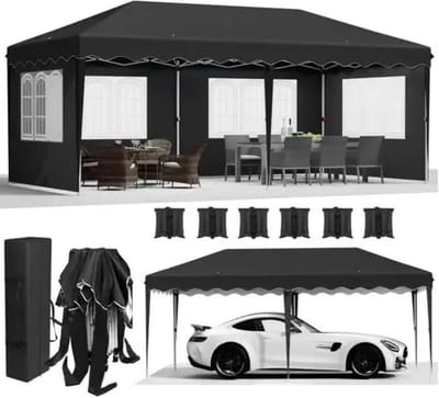 Eszenzics™ Luxe Paviljoentent - 3x6m'- 420d Oxforddoek - 4 zijpanelen - Waterdicht - Opvouwbaar - 99% UV-bescherming - Frame gepoedercoat - Luifeltent - Feesttent - Extra: 6 Zandzakken