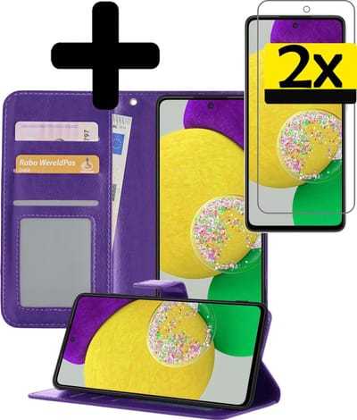 Hoesje - Met 2x Screenprotector - Geschikt voor Samsung Galaxy A52s 5G - Luxe Pasjeshouder - Bookcase Portemonee - Flip Case - Kunstleer Book Case - Flipcase Hoes - Book Cover - Walletcase - Portemonneehoes - Telefoonhoesjes - Paars