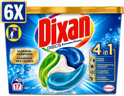 6 x Dixan Discs - Wasmiddelcapsules en Vlekverwijderaar - Extreme Power - Witte, Gekleurde & Zwarte Was - 17 Wasbeurten
