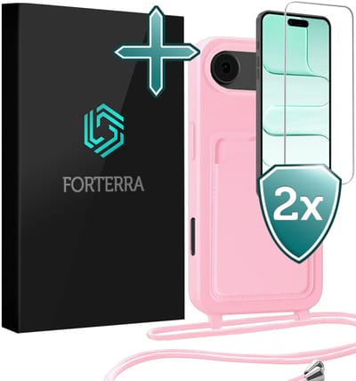 Hoesje Geschikt voor iPhone Air Pashouder Case Siliconen Hoes Met Koord Met 2x Screenprotector - Hoes Geschikt voor iPhone Air Met Telefoonkoord Hoesje Back Cover Met Pasjeshouder - Lichtroze