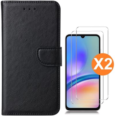 Hoesje geschikt voor Samsung Galaxy A05 bookcase Zwart - Met screenprotector tempered glass Galaxy A05 - 2x