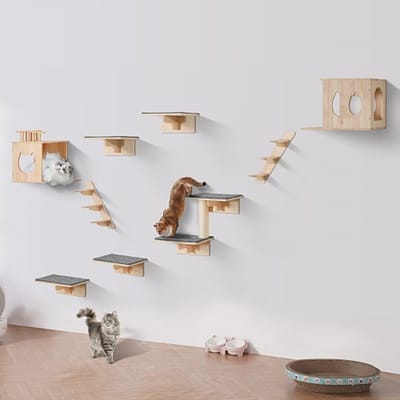 VEVOR Wandgemonteerde Kattenplanken, Kattenwandplanken en Zitstokken met Springplatformen, Kattenbedden, Hangmatten en Krabpalen, Kattenmeubels en Planken tot 18 kg voor Slapen, Spelen, Klimmen, Set van 9