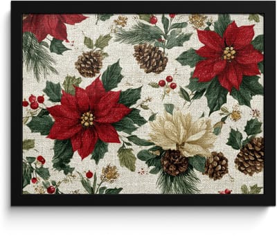 Poster in lijst - Fotolijst 40x30 cm - Posters - Feestelijk - Textielpatroon - Kerstbloemen - Kleurrijk - Posterlijst zwart - Decoratie - Wanddecoratie woonkamer - Muurdecoratie slaapkamer - Kerstversiering - Kerstdecoratie voor binnen - Kerstmis