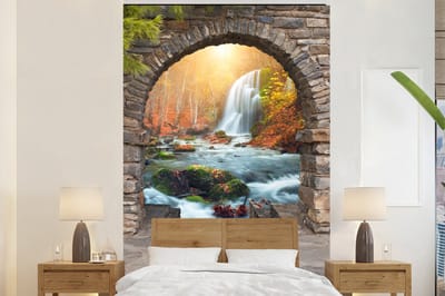 Behang - Fotobehang Doorkijk - Waterval - Herfst - Landschap - Breedte 160 cm x hoogte 240 cm