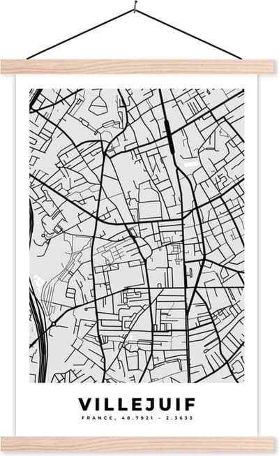 Posterhanger incl. Poster 40x60 cm - Schoolplaat - Kaart - Stadskaart - Villejuif - Plattegrond - Frankrijk - Textielposter - Blanke latten - Stadskaart