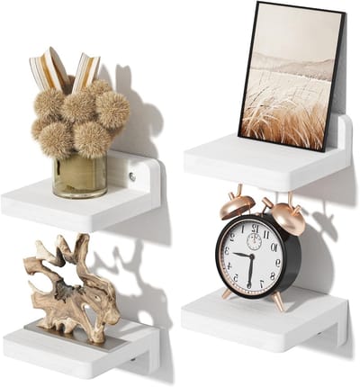 Kleine Wandplank van Wit Hout, 10 cm, Set van 4, Zwevende Planken voor Keuken, Slaapkamer en Badkamer, Moderne Decoratie
