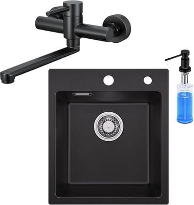 SOFETIY MAX Granieten spoelbakken 40*45cm - Spoelbak Keuken Met Keukenkraan voor wandmontage en Zeepdispenser 300ML - Gootsteen Met Waterafvoersysteem - Wasbak Keuken - Zwart