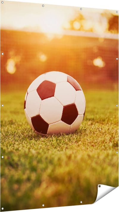 Gards Tuinposter Voetbal met Goal tijdens Zonsondergang - 120x180 cm - Tuindoek - Tuindecoratie - Wanddecoratie buiten - Tuinschilderij