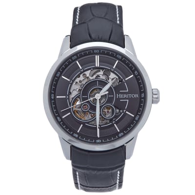 Heritor Automatic Davies Semi-Skeleton Horloge met Leren Band - Zilver/Zwart