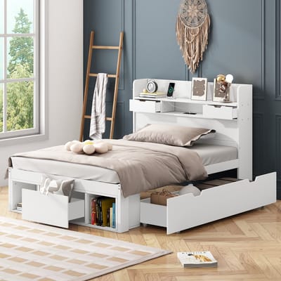 REDOM Bedframe 90x200 cm van grenen/MDF – Met USB, Type-C, stopcontacten, lades en opbergkasten – Wit