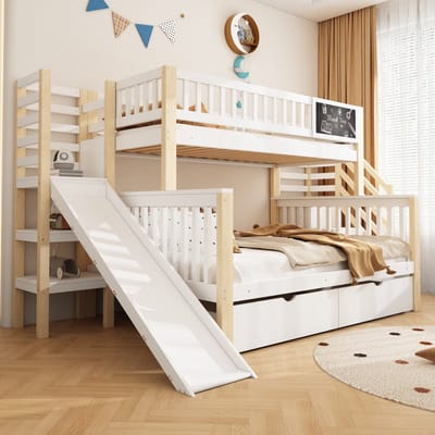Huisbed - 140x200 en 90x200 cm - Met Glijbaan en Krijtbord - Stapelbed met Trap - Hout - Wit