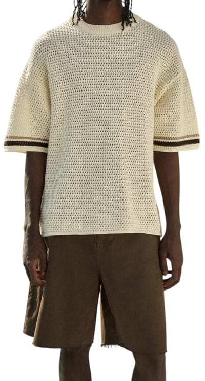 The Couture Club Heren T-shirt Wit TCCM2909 Crochet Knitted Stripe