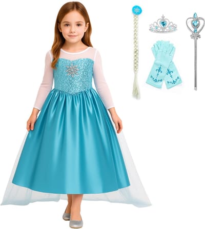 Joya Kids® Blauwe Prinsessenjurk Meisje | ijsprinses Verkleed Jurk | Verkleedkleding | Prinsessen Speelgoed | Prinsessen Accessoire Set met Kroon Handschoenen Vlecht & Toverstaf | Carnavalskleding | Cadeau meisje Sinterklaas | Maat 128/134 (140)