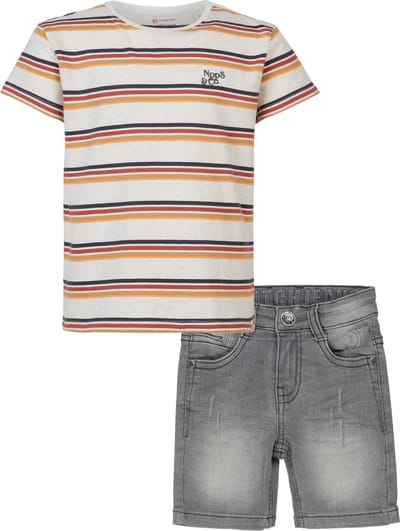 Noppies - Koko Noko - Kledingset - 2delig - Short jeans blauw - Shirt Rowley Oatmeal Melange - Maat 110