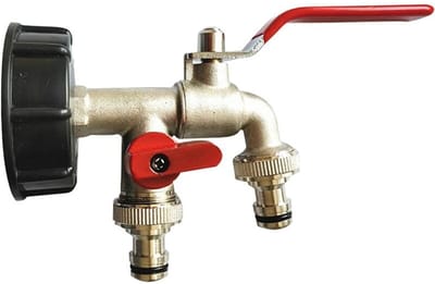 JeiibrZui 1 IBC-tankadapter, Dubbele tuinkraan met UV-bestendig PP en messing kogelkraan, IBC-kranenaccessoire voor tuinbesproeiing & dierenbad