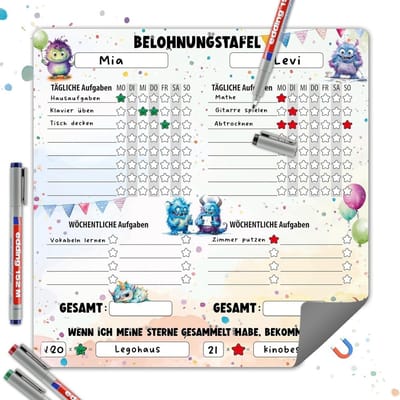 Famanu - Magnetisch beloningsbord monster – Voor 2 kinderen – Ochtend- en avondroutine – Afwasbaar 30x30 cm