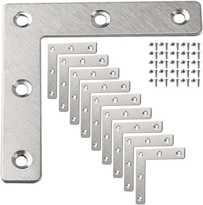 L-vormige hoekhouders - Platte hoekbeugels - Meubelbevestiging - Roestvrij staal - 8.9 x 8.9 cm - Zilver