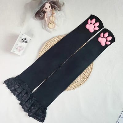 Chaussettes Longues Femme Au-dessus du Genou Bas Cuissardes Griffes de Chat Coussinets de Patte de Chat Rose 3D Cosplay Harajuku Y2K Chaussettes Femme One Size white