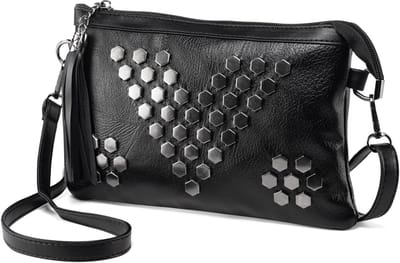 Zwarte Lederen Cross Body Handtas voor Vrouwen - Bezaaid Schouder Tas - Avond Bruiloft Kwastje Clutch Tas met Polsriem