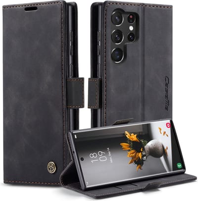 CaseMania Bookcase hoesje geschikt voor Samsung Galaxy S23 Ultra - Effen Zwart - Kunstleer