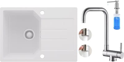 Anycee MAX Spoelbak Keuken Wit - Granieten Spoelbak 65x45CM - Spoelbakken Keuken Met Voorraam keukenkraan en Zeepdispenser - Spoelbakken Met Afdruip - Opbouw Spoelbak