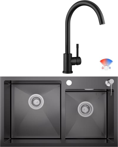 Auralum MAX Dubbele Spoelbak (75x45cm) Antraciet - Spoelbak Keuken Met Keukenkraan - Duurzaam, Veelzijdig en Geluiddempend - Met zeepdispenser 300ml en Waterafvoersysteem