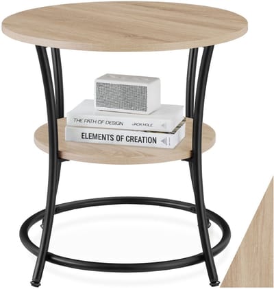 tectake® Ronde Bijzettafel – Salontafel met 2 Planken, Industrieel Design, Nachtkastje van Hout, Ø55x56 cm, Voor Woonkamer, Slaapkamer, Kantoor, Zwart Metalen Frame – Licht Sonoma Eiken