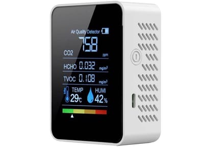 Deze luchtkwaliteitsmonitor voor binnen combineert functies voor het detecteren van koolstofdioxide en luchtvervuiling. Het apparaat kan koolstofdioxide, formaldehyde (HCHO), vluchtige organische stoffen (TVOC), temperatuur en luchtvochtigheid meten.
