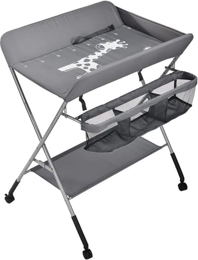 Luiertafel inklapbaar met opbergmand en veiligheidsgordel - 4 wielen, hoogte verstelbaar