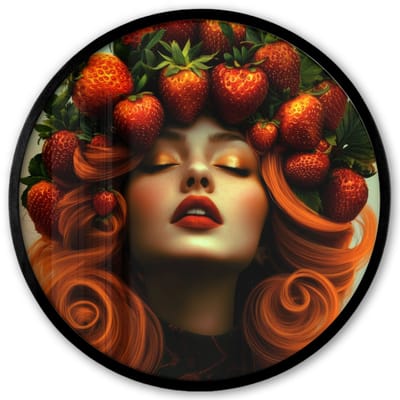 Poster in lijst Rond - Fotolijst 40x40 cm - Posters - Vrouw - Aardbeien - Kroon - Ronde posterlijst zwart - Decoratie - Wanddecoratie woonkamer - Muurdecoratie slaapkamer