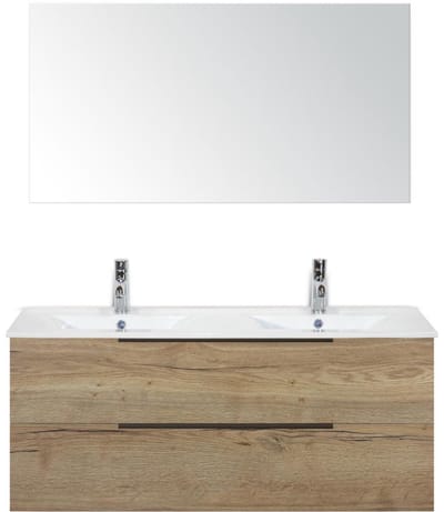 Seville Badmeubelset 120 cm - 2 Laden Natuur Eik Edge - Wastafel Enjoy Dubbel met Spiegel