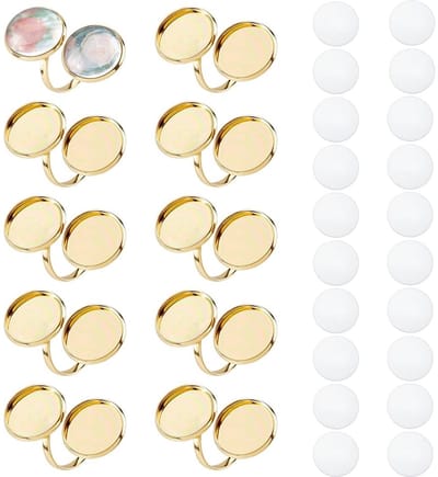 Dailygoods- Ringbasis 18K Verguld - 10 Stuks - Dubbele Fitting - Ronde Dragerringen - Inclusief 20 Glazen Cabochons - Binnendiameter 17 mm - Ring
