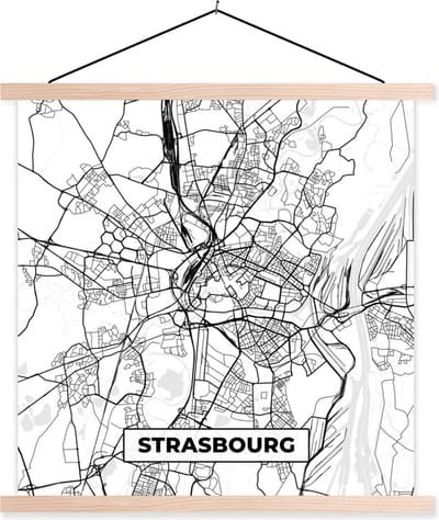 Posterhanger incl. Poster 40x40 cm - Schoolplaat - Stadskaart - Strasbourg - Frankrijk - Kaart - Plattegrond - Zwart wit - Textielposter - Blanke latten - Stadskaart