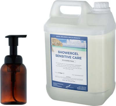 Zeepdispenser 300 ml amber bruin hervulbaar + 5 liter Showergel Sensitive Care navulling