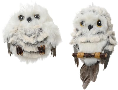 Decoris - Kerstdecoratie Uilen Grijs - Set van 2 - Kunstbont - H 8cm