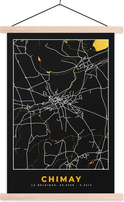 Posterhanger incl. Poster 40x60 cm - Schoolplaat - Stadskaart - Goud - Chimay - Plattegrond - Kaart - Textielposter - Blanke latten - Stadskaart