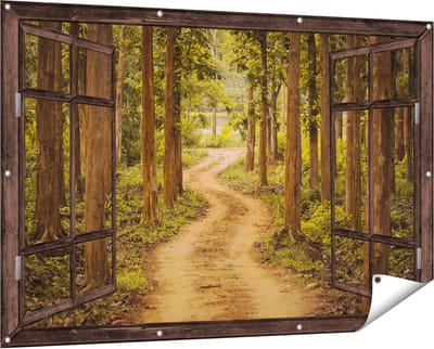 Gards Tuinposter Doorkijk Pad in het Bos met Bomen - 150x100 cm - Tuindoek - Tuindecoratie - Wanddecoratie buiten - Tuinschilderij