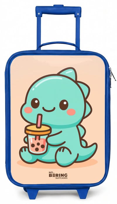 NoBoringSuitcases.com® - Kinderkoffer blauw - Kindertrolley jongen - Kawai - Dino - Bubbletea - Koffer kind lichtgewicht - Reiskoffer trolley voor kinderen - Koffertje met lichtgevende wieltjes - Rolkoffer