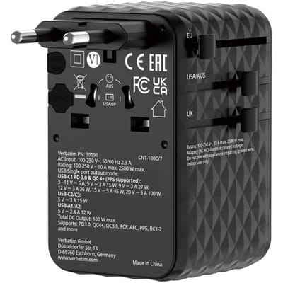 Verbatim Charge 'n' Travel 100 W universele reisadapter met intrekbare kabel zwart