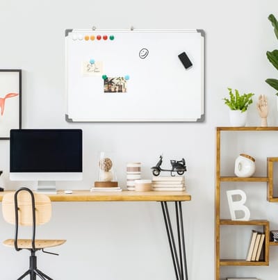 MEUNIQ Whiteboard 90 x 60 cm magnetisch wandbord met aluminium frame, inclusief 4 markers, wisser en 10 magneten, schrijfbord voor thuis, school en kantoor