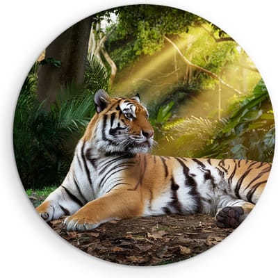 Saammp Muurcirkel Hout - Tijger in de zon - Natuur - Dieren - Ø 90 - Wandcirkel - Wanddecoratie Cirkel - muurdecoratie Woonkamer - Slaapkamer decoratie - Rond Schilderij