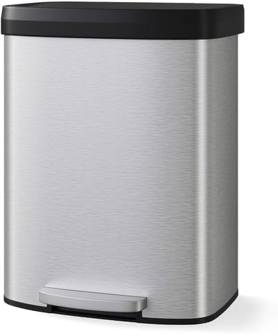 Prullenbak - 60L metalen pedaalemmer met deksel - grote keukenprullenbak, soft-close, met beugelring en achtergreep - zilver