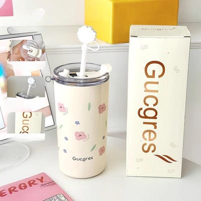 Thermosbeker Ins Beker Kleine Frisse Koffiebeker met Rietje Dubbel Drinken Beer Hoog Uiterlijk Niveau Roestvrij Staal Wind Kamperen Meisje 500ml